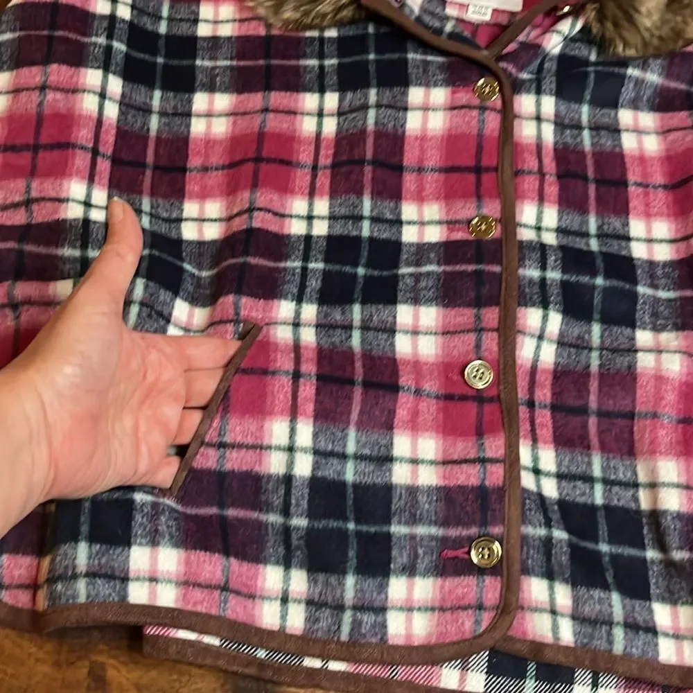 Janie and Jack Faux Fur Collar Pink and Black Plaid Cape, size 10/12